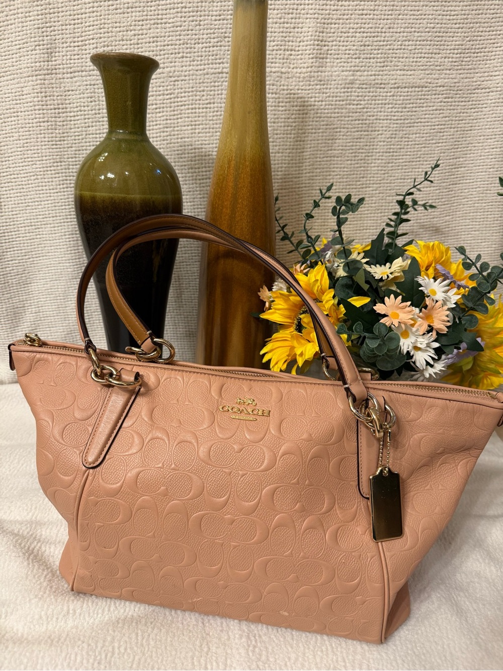 COACH Ava Tote in Signature Debossed Leather Pink F28558